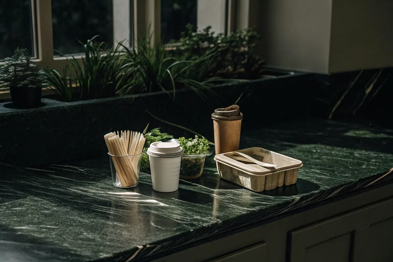 Bright kitchen countertop with compostable cups, biodegradable straws, and plant-based utensils surrounded by fresh herbs