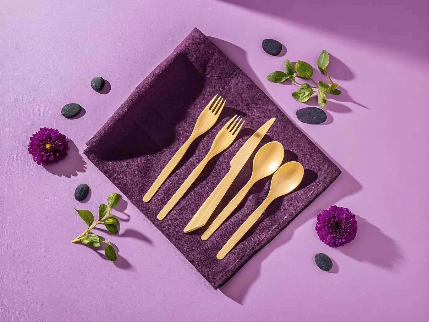Biodegradable PHA utensils — forks, spoons, knives — on natural linen
